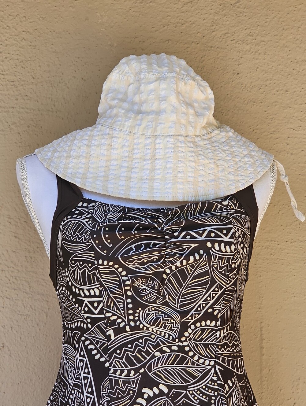 Divided Cream & Tan Gingham Print Cotton Bucket Hat